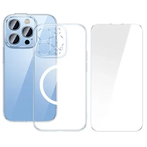 Baseus iPhone 15 Pro Max Crystal Serisi Manyetik Magsafe Silikon Kılıf + Tempered Ekran Koruyucu Set-(5775)