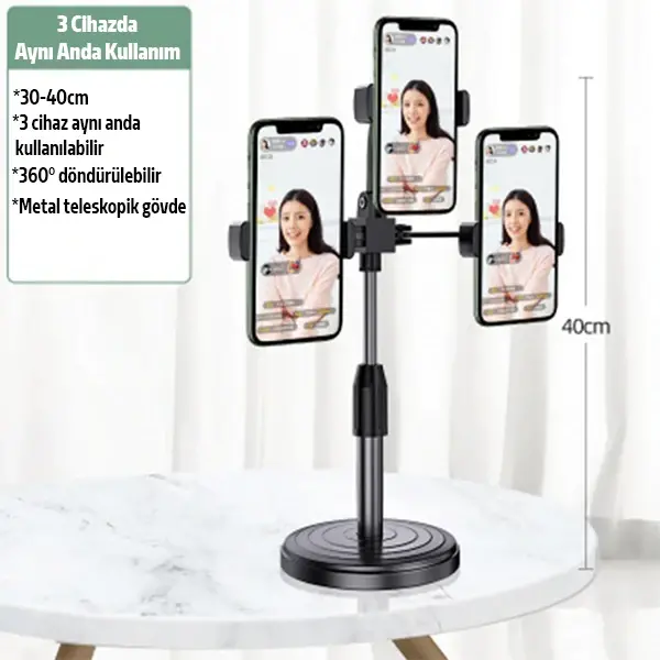 Ally Tripod Üçlü Telefon Tutucu Stand Youtuber Canlı Yayın Selfie Tiktok Makeup-(5775)