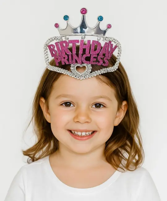 Gümüş Renk Taç Üzeri Pembe Birthday Prenses Yazılı Çocuk Parti Tacı 11x12 Cm