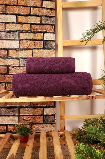 Mira Home 2 Parça Jakarlı Banyo Havlu Takımı Doku Desen Mor