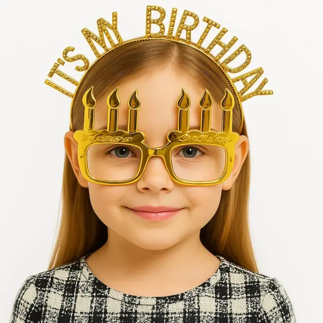 İt&amp;#39;s My Birthday Yazılı Taç Ve Mum Şekilli Gözlük Seti Altın Renk