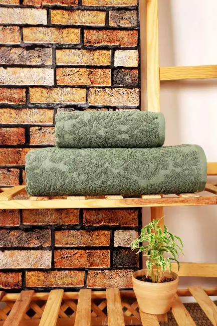 Mira Home 2 Parça Jakarlı Banyo Havlu Takımı Doku Desen Yeşil