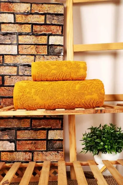 Mira Home 2 Parça Jakarlı Banyo Havlu Takımı Doku Desen Sarı