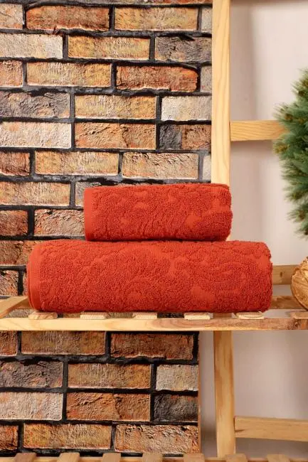 Mira Home 2 Parça Jakarlı Banyo Havlu Takımı Doku Desen Kiremit