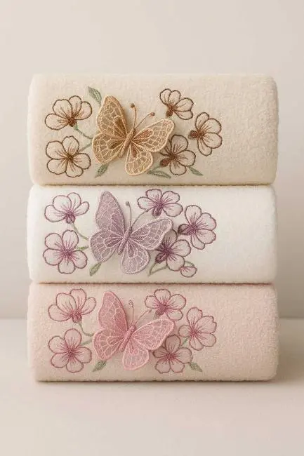 3lü Lüks %100 Pamuklu Mutfak Havlusu Seti 3D Kelebek Aplikeli 30x50 Cm