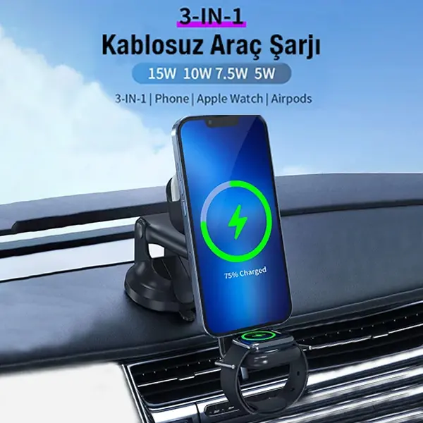 Ally Wireless Şarjlı 3in1 Torpido Üstü Ve Havalandırma Telefon Kulaklık Saat Tutucu-(5775)