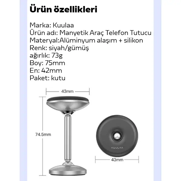 KUULAA Güçlü Mıknatıslı Manyetik Standlı Cep Telefon Araç Tutucu-(5775)