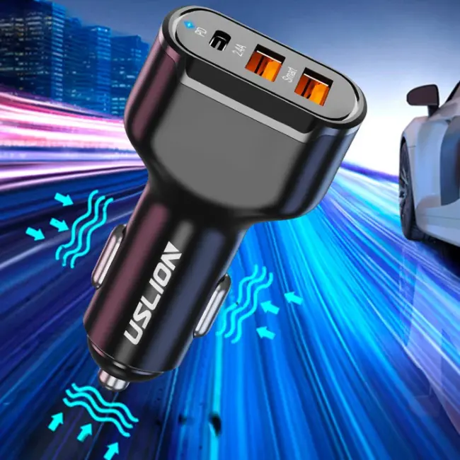 USLİON 30W 2 USB + Type-C Girişli QC3.0 Hızlı Araç Çakmaklık Şarjı-(5775)
