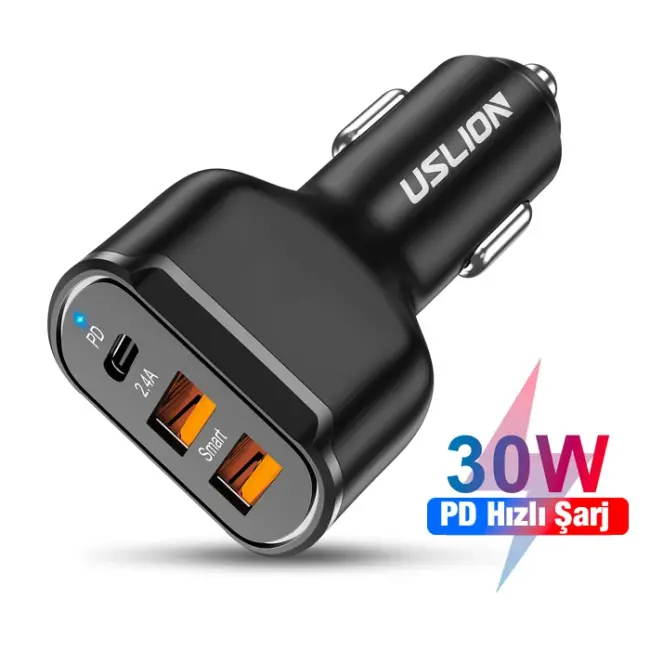 USLİON 30W 2 USB + Type-C Girişli QC3.0 Hızlı Araç Çakmaklık Şarjı-(5775)