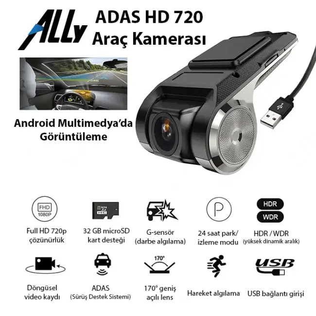 ALLY Full HD Mini Araç İçi Kamera | Geniş Açı Gece Görüşlü Döngüsel Kayıt Kompakt Dash Cam-(5775)