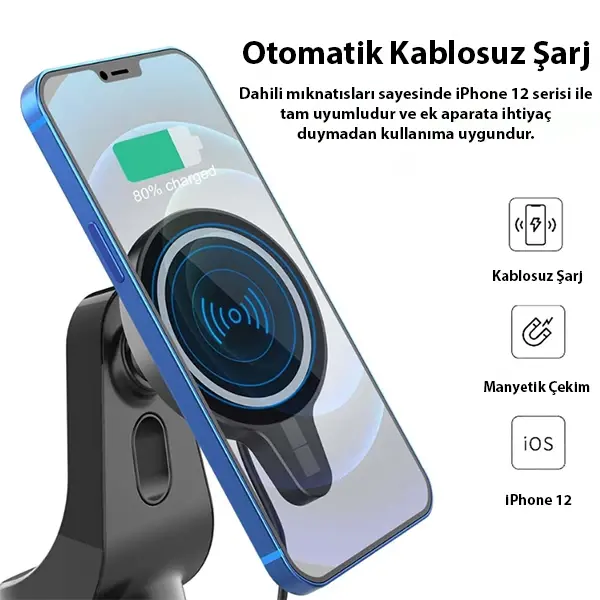 ALLY Magsafe iPhone 15-14-13-12 Serisi 15W Kablosuz Hızlı Şarj Cihazı ve Araç Tutucu-(5775)