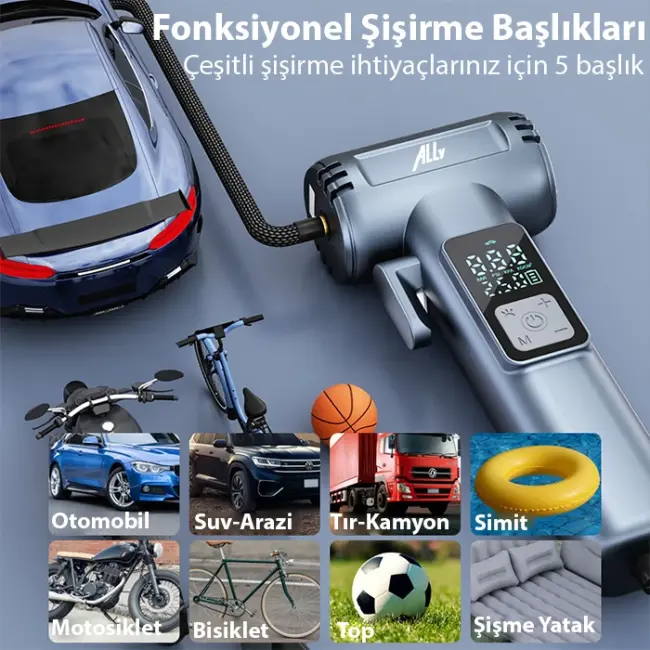 Ally ST-5530 Dijital  Şarjlı Araç Lastik Hava Şişirme Pompası Powerbank Pencere kırıcı-(5775)