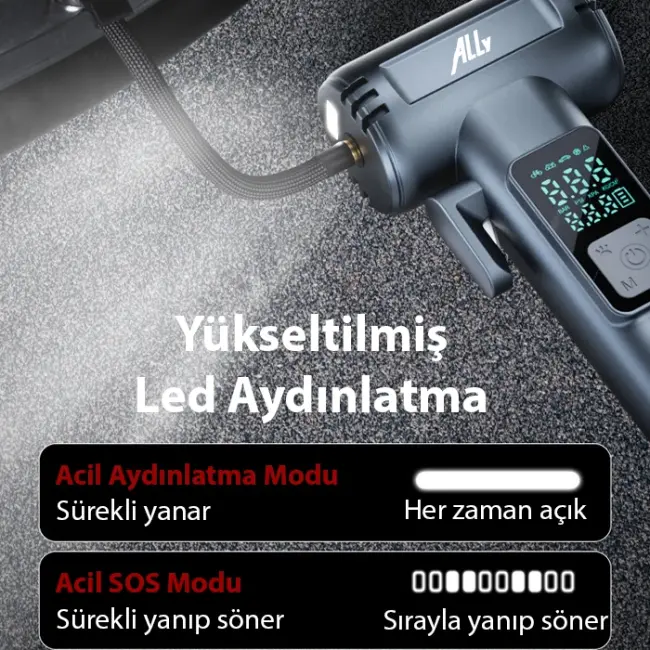 Ally ST-5530 Dijital  Şarjlı Araç Lastik Hava Şişirme Pompası Powerbank Pencere kırıcı-(5775)