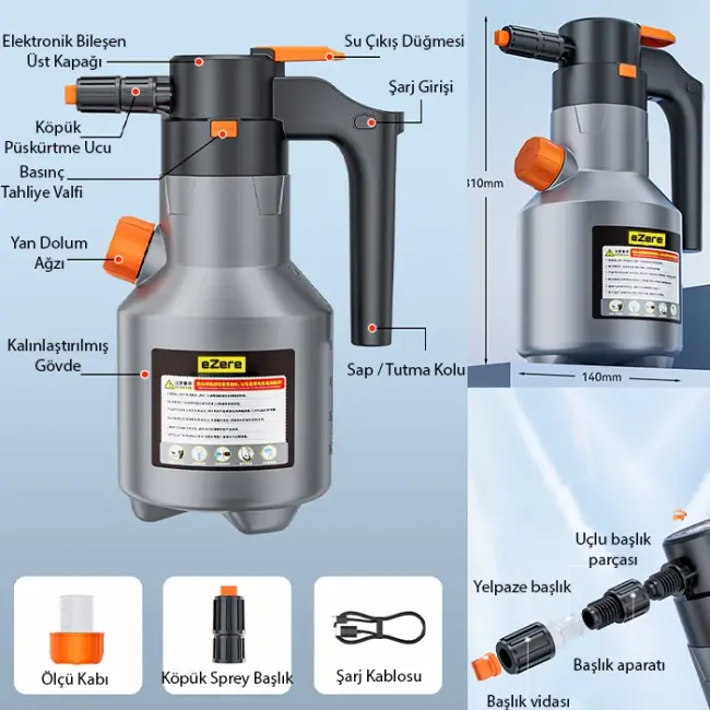 EZERE 2L Yüksek Basınçlı Şarjlı Köpük Makinası Oto Yıkama Pompası Köpük Püskürtücü-(5775)