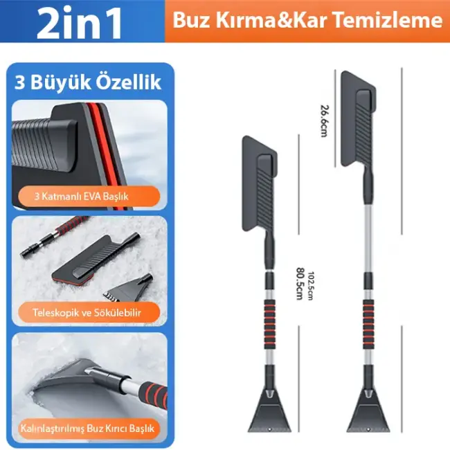 ALLY Araba Kar Fırçası Kar Küreği Teleskopik Döndürülebilir Araç Kar Fırçası-(5775)