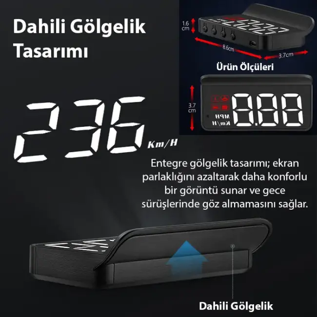 ALLY M3 HUD OBD2 Head-Up Display Dijital Hız Göstergesi E-OBD ve GPS Destekli OBD Arayüzlü - Alarmlı Ön Cam Ekran Projektör-(5775)
