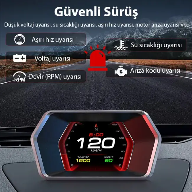 Ally P17 HUD OBD2 & GPS Çift Sistemli Araç Bilgisayarı | Dijital Kilometre Su ve Yağ Sıcaklığı Ölçer Hız & Alarm Göstergeli Oto Elektroniği-(5775)
