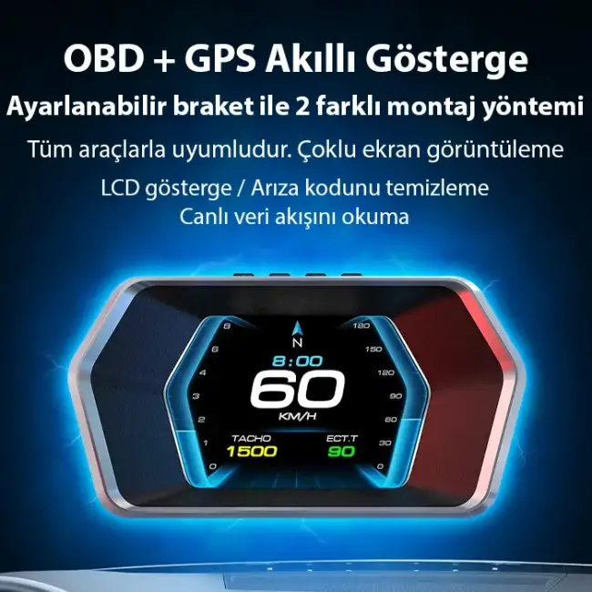 Ally P17 HUD OBD2 & GPS Çift Sistemli Araç Bilgisayarı | Dijital Kilometre Su ve Yağ Sıcaklığı Ölçer Hız & Alarm Göstergeli Oto Elektroniği-(5775)