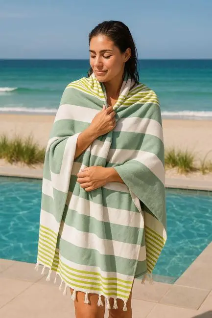 Mimoza Unisex Peştemal Plaj Havlusu 100x180 Cm %100 Pamuklu Soft Yeşil-Açık Yeşil