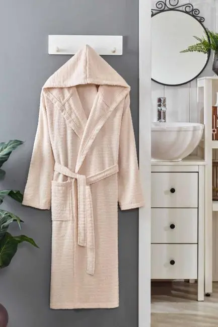 Kapüşonlu Unisex Banyo Bornozu %100 Soft Pamuklu Krem