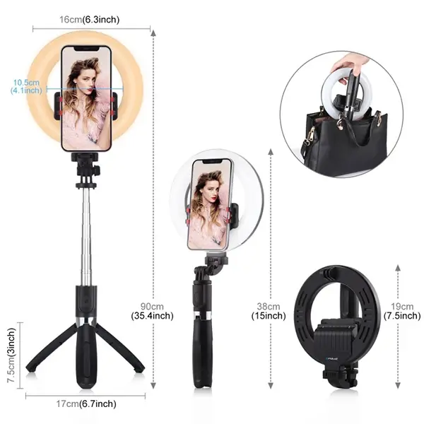 PULUZ 6.3 inch 16cm Ring LED Canlı Yayın Bluetooth Tripod Vlogging Selfie Light-(5775)
