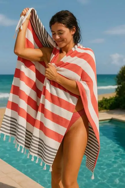 Mimoza Unisex Peştemal Plaj Havlusu 100x180 Cm %100 Pamuklu Soft Kırmızı-Siyah