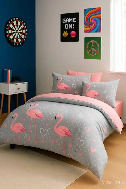 Flamingo Desenli  Pamuklu Tek Kişilik Nevresim Takımı