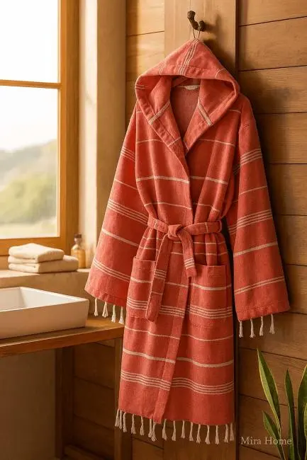 Kapşonlu Çizgili Unisex Banyo Plaj Peştemal Bornozu %100 Pamuklu Linetouch Kiremit