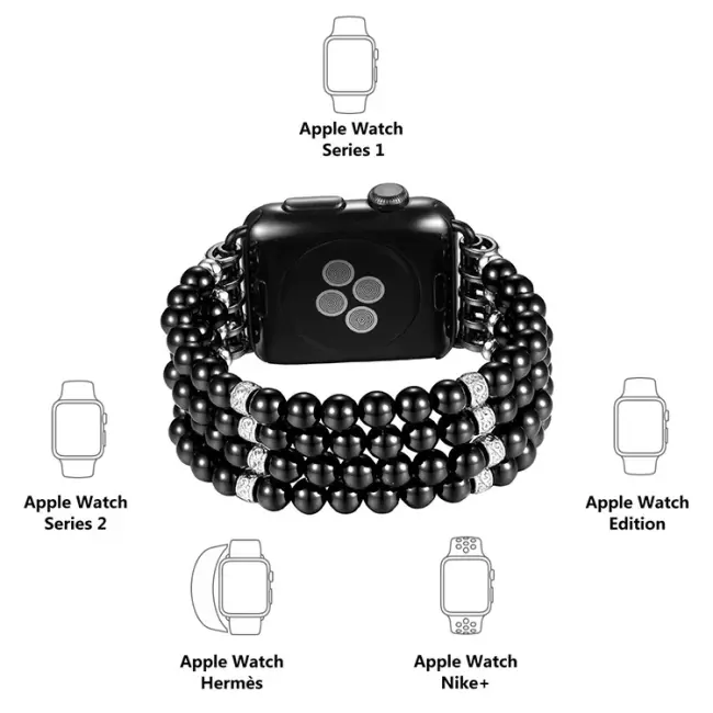 Ally Apple Watch 7-8 45mm 6-5-4 44mm Full Boncuk Taşlı Kordon Kayış 3-2-1 42mm-(5775)