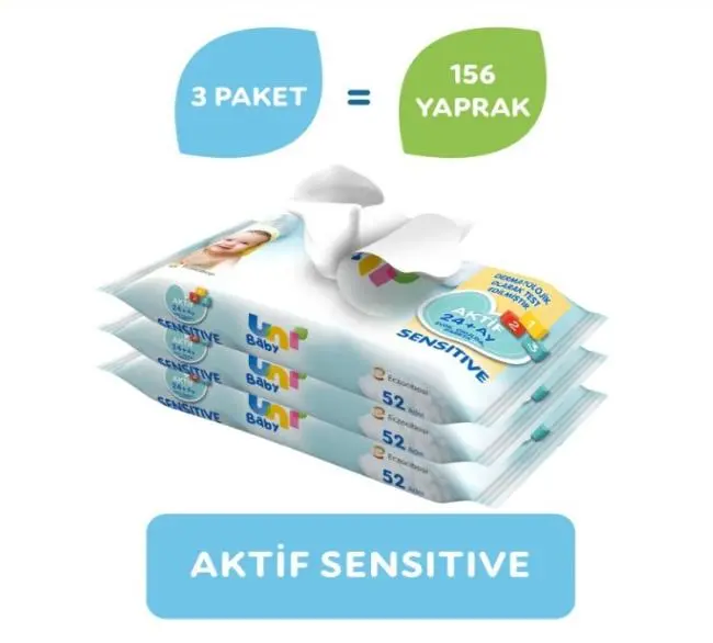 Uni Baby Aktif Sensitive Bebek Islak Mendil 24+ Ay 3x52 Adet