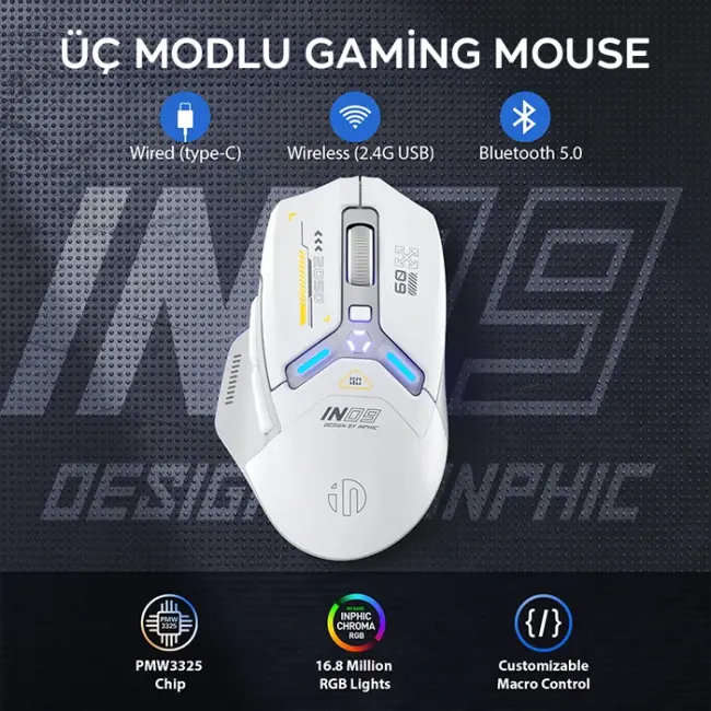 İNPHIC İN9 Kablosuz Oyun Faresi Gerçek Üç Modlu Bluetooth/Tip-CWired/2.4G Kablosuz mouse10000 DPl-(5775)