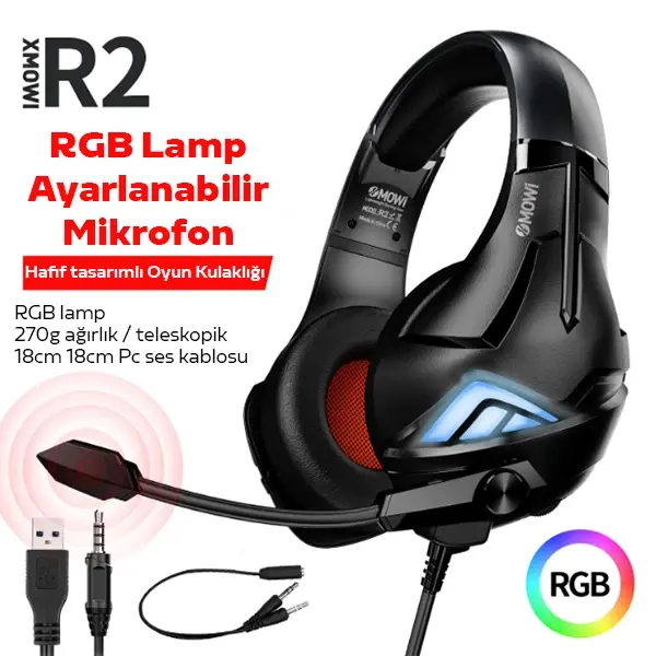 XMOWi R2 Gaming Mikrofonlu RGB Oyuncu Kulaklılığı Gurultu Engelleyici Kulaklik-(5775)