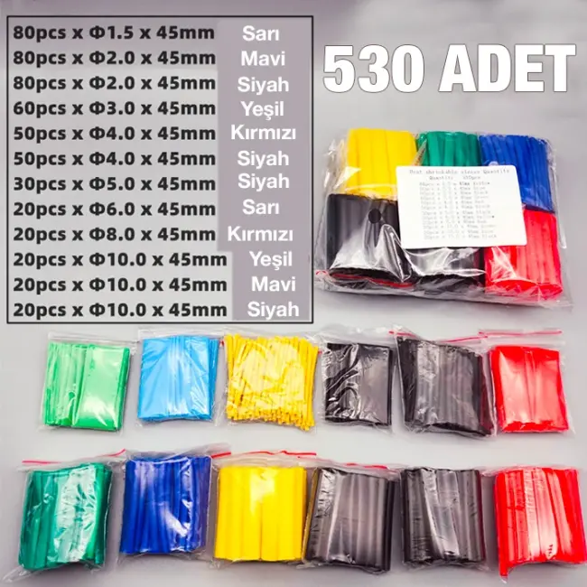 Ally 5 Renk Makaron Isı İle Daralan Kablo Seti 530 Adet 8 Boy Set-(5775)