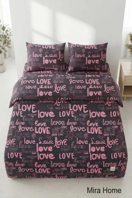 Love Yazılı Pamuklu Lastikli Çarşaflı Battal Boy Çift Kişilik Nevresim Takımı (180x200 Cm)