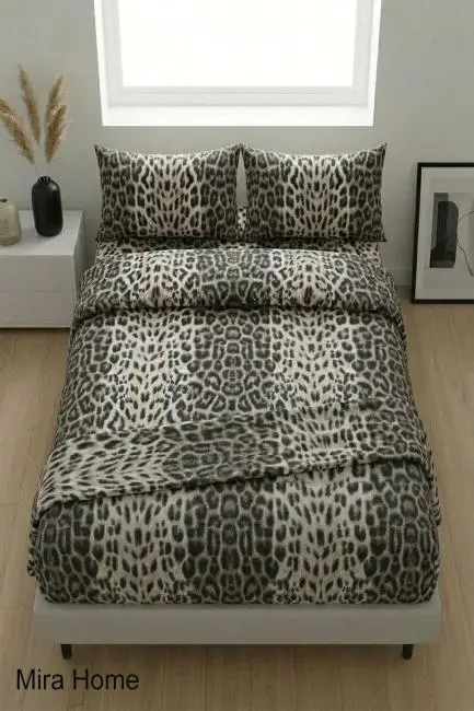 Leopar Desenli Pamuklu Lastikli Çarşaflı Battal Boy Nevresim Takımı (180x200 Cm)