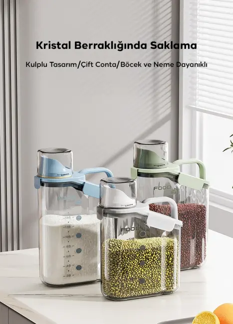EZERE Büyük Kapasiteli Ölçülü Tahıl-Gıda-Baharat 1600ml Şeffaf Saklama Kutusu-(5775)