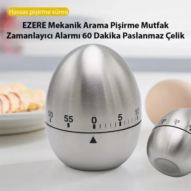 EZERE Mekanik Arama Pişirme Mutfak Zamanlayıcı Alarmı 60 Dakika Paslanmaz Çelik-(5775)