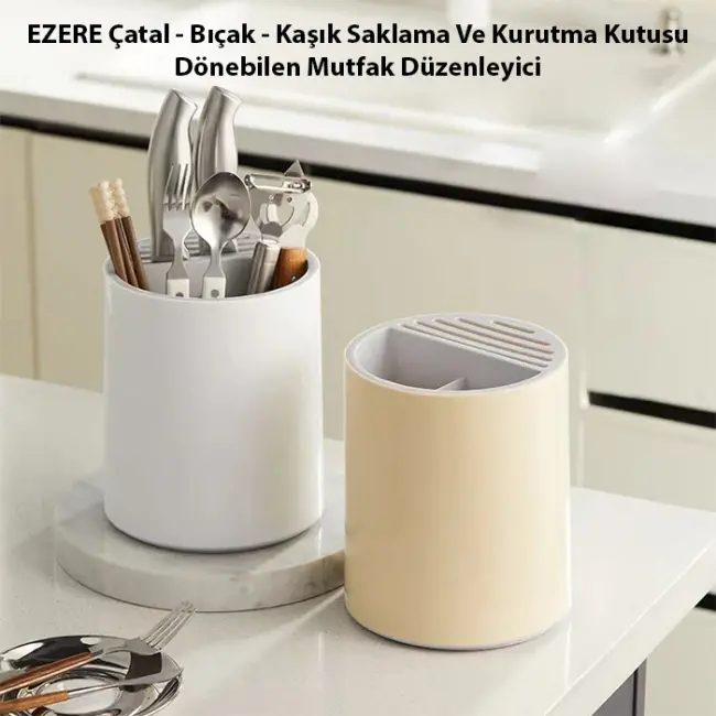 EZERE Çatal - Bıçak - Kaşık Saklama Ve Kurutma Kutusu Dönebilen Mutfak Düzenleyici-(5775)