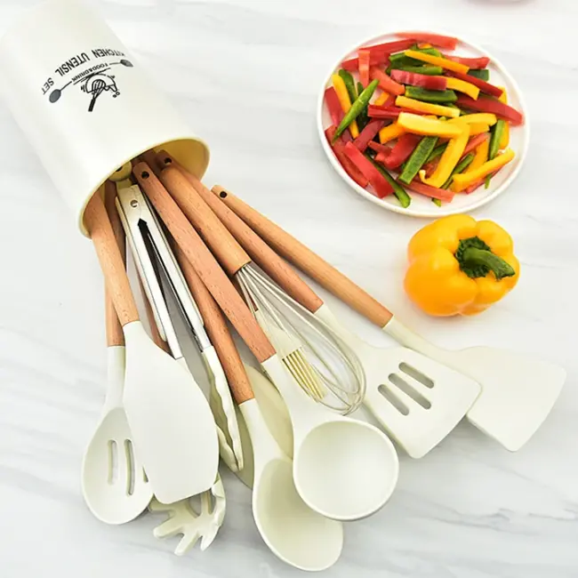 Ezere 11 Parça Silikon Uçlu Ahşap Saplı Mutfak Seti Ve Saklama Kutusu-(5775)