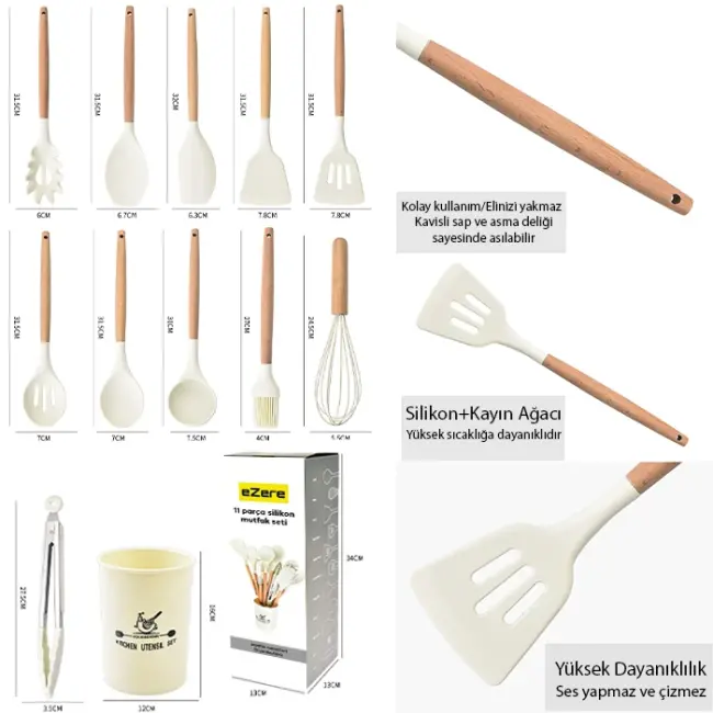 Ezere 11 Parça Silikon Uçlu Ahşap Saplı Mutfak Seti Ve Saklama Kutusu-(5775)