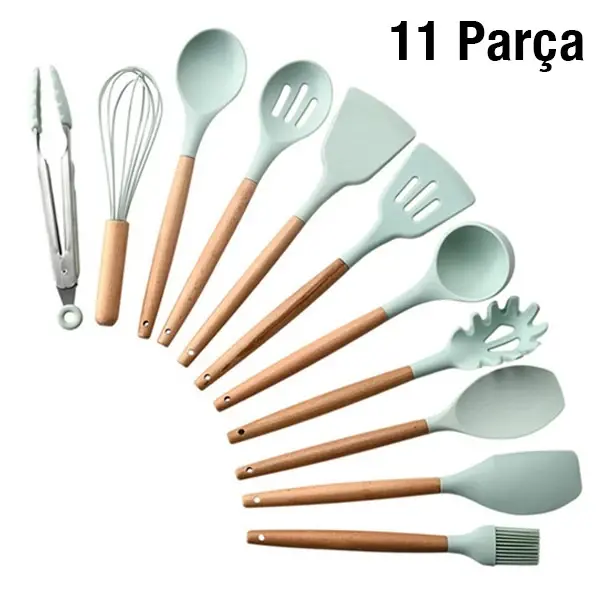 Ezere 11 Parça Silikon Uçlu Ahşap Saplı Mutfak Seti Ve Saklama Kutusu-(5775)