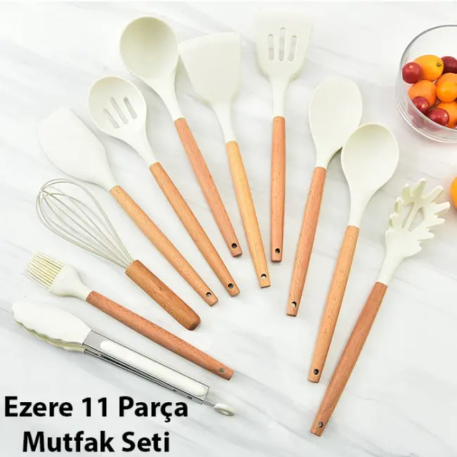 Ezere 11 Parça Silikon Uçlu Ahşap Saplı Mutfak Seti Ve Saklama Kutusu-(5775)