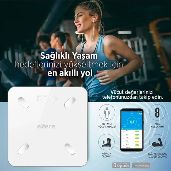 EZERE Body Composition Scale Yağ Ölçer Fonksiyonlu Akıllı Bluetooth Tartı Baskül-(5775)