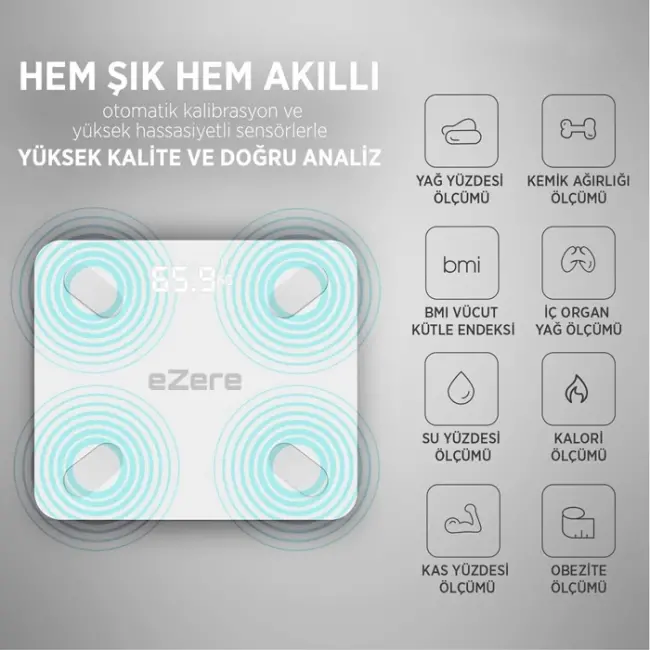 EZERE Body Composition Scale Yağ Ölçer Fonksiyonlu Akıllı Bluetooth Tartı Baskül-(5775)
