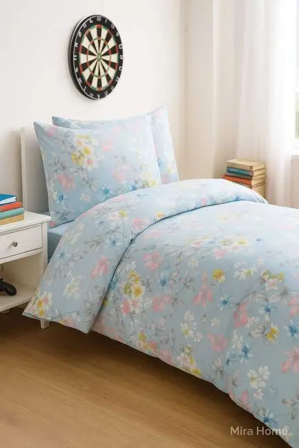 Mavi Çiçek Desenli Pamuklu Tek Kişilik Nevresim Takım