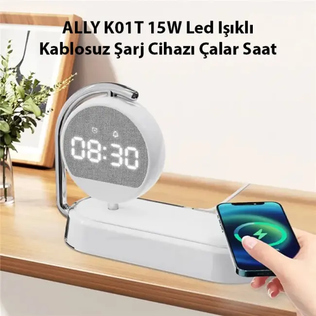ALLY K01T 15W Led Işıklı Kablosuz Şarj Cihazı Çalar Saat-(5775)
