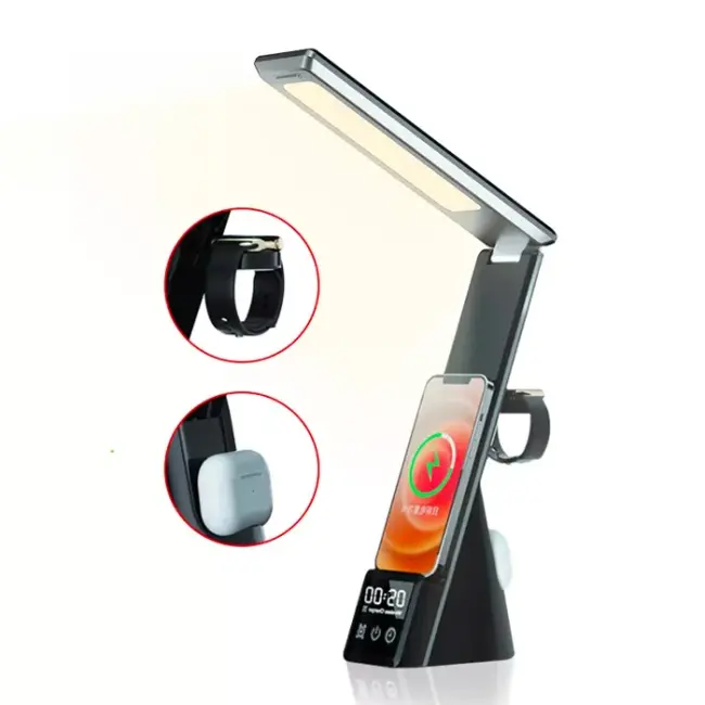 ALLY Dijital Saatli 15W Kablosuz Şarjlı LED Işıklı Katlanabilir Masa Lambası-(5775)
