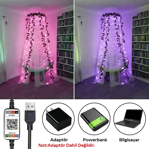 ALLY 5MT 50 LED RGB Bluetooth Telefonla Kontrol Edilen Usb Led Lamba İos-Android-(5775)