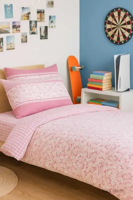 Pembe Çiçek Desenli Pamuklu Tek Kişilik Nevresim Takımı