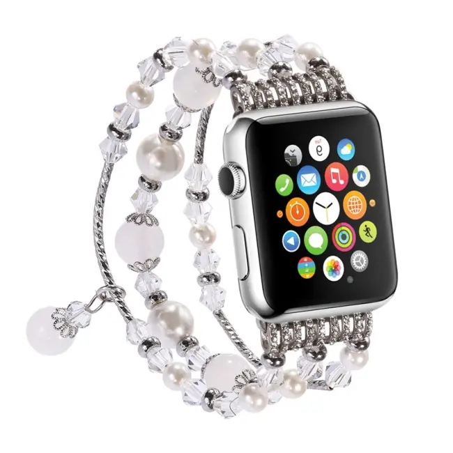Ally Apple Watch 7-8 41mm 6-5-4 40mm Boncuk Taşlı Lux Kordon Kayış 3-2-1 38mm-(5775)